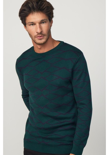 Slim Fit Dar Kesim Bisiklet Yaka Jakarlı Yeşil-Siyah Erkek Triko Kazak