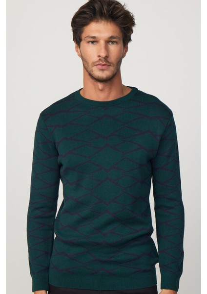 Slim Fit Dar Kesim Bisiklet Yaka Jakarlı Yeşil-Siyah Erkek Triko Kazak modelleri