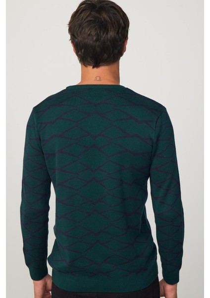 Slim Fit Dar Kesim Bisiklet Yaka Jakarlı Yeşil-Siyah Erkek Triko Kazak indirimleri