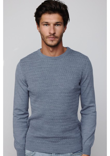 Slim Fit Bisiklet Yaka Kendinden Desenli Indigo Erkek Triko Kazak fiyatları