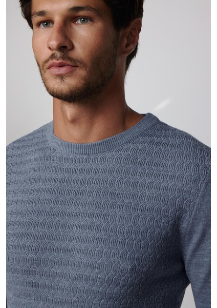 Slim Fit Bisiklet Yaka Kendinden Desenli Indigo Erkek Triko Kazak modelleri