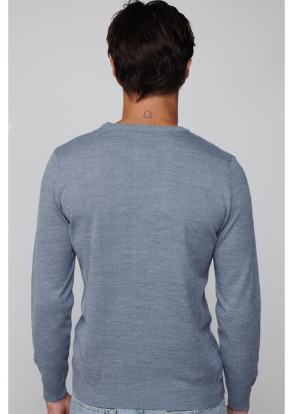 Slim Fit Bisiklet Yaka Kendinden Desenli Indigo Erkek Triko Kazak indirimleri