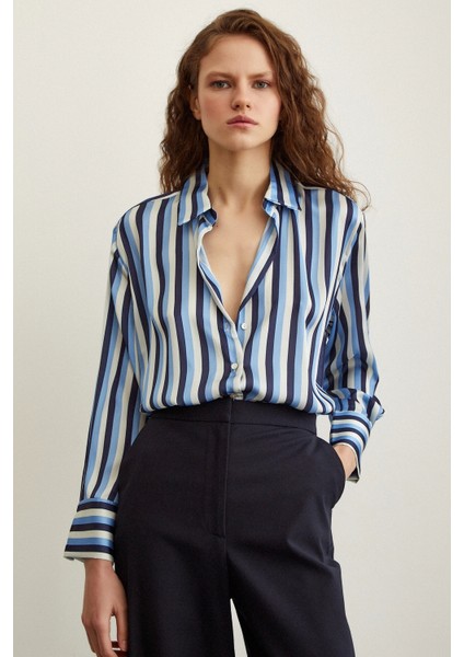 Çizgili Saten Gömlek Lacivert