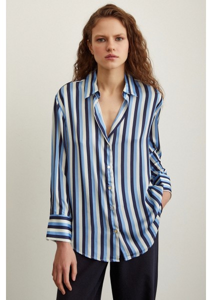 Çizgili Saten Gömlek Lacivert fiyatları