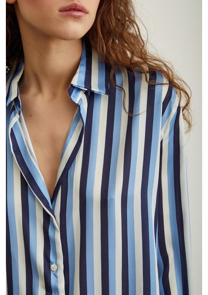 Çizgili Saten Gömlek Lacivert modelleri