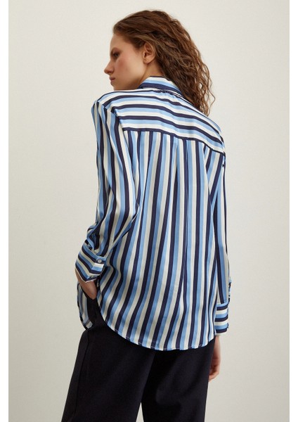 Çizgili Saten Gömlek Lacivert fırsatları