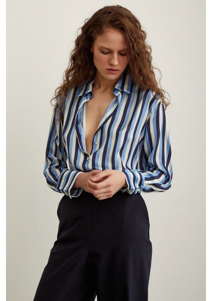 Çizgili Saten Gömlek Lacivert indirimleri