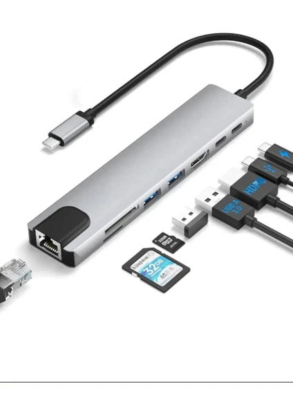 Macbook Pro/air Uyumlu USB Type-C 8 In 1 Hub Dönüştürücü Çevirici Çoklayıcı USB Hdmı Micro Sd 8 Girişli