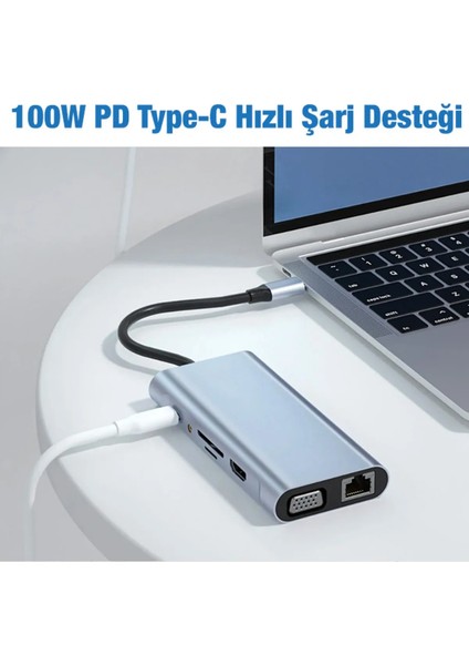 11 In 1 Type-C To USB Hub Port Uyumlu Adaptör Hdmı 4x USB Lan VGA Sd Card Çevirici Çoklayıcı