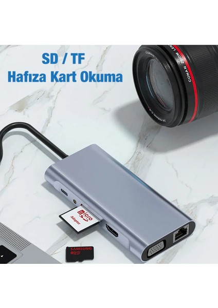 11 In 1 Type-C To USB Hub Port Uyumlu Adaptör Hdmı 4x USB Lan VGA Sd Card Çevirici Çoklayıcı