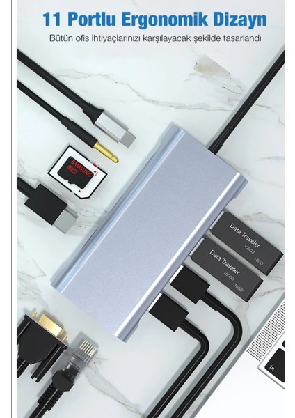 11 In 1 Type-C To USB Hub Port Uyumlu Adaptör Hdmı 4x USB Lan VGA Sd Card Çevirici Çoklayıcı