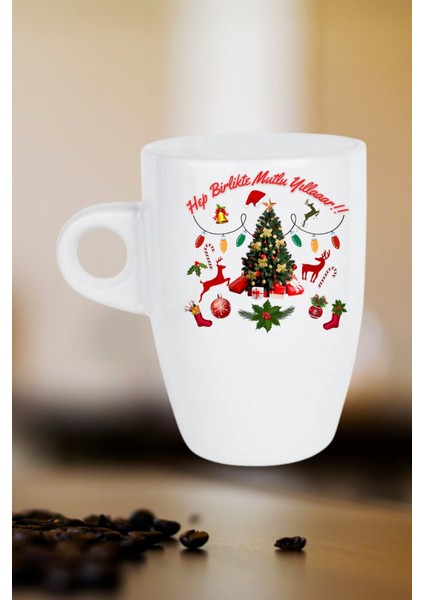 Yılbaşı Mutlu Yıllar Baskılı Kupa Bardak Porselen Latte Filtre Kahve Fincanı