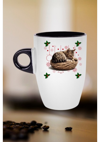 Yeni Yıl Uykucu Kedi Baskılı Kupa Bardak Porselen Latte Filtre Kahve Fincanı