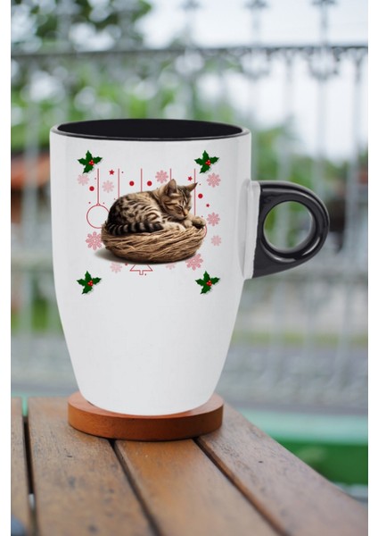 Yeni Yıl Uykucu Kedi Baskılı Kupa Bardak Porselen Latte Filtre Kahve Fincanı