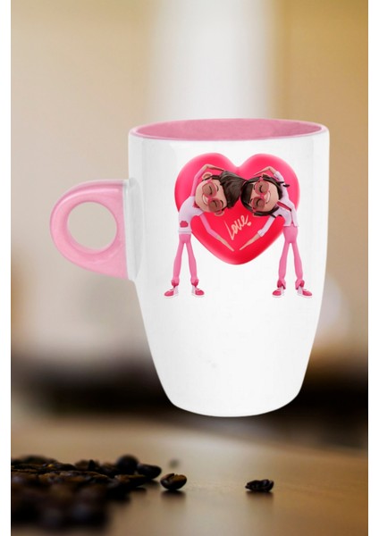 Mutlu Çiftler Love Kalp Baskılı Hediye Kupa Bardak Porselen Latte Filtre Kahve Fincanı