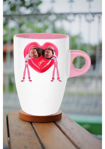 Mutlu Çiftler Love Kalp Baskılı Hediye Kupa Bardak Porselen Latte Filtre Kahve Fincanı