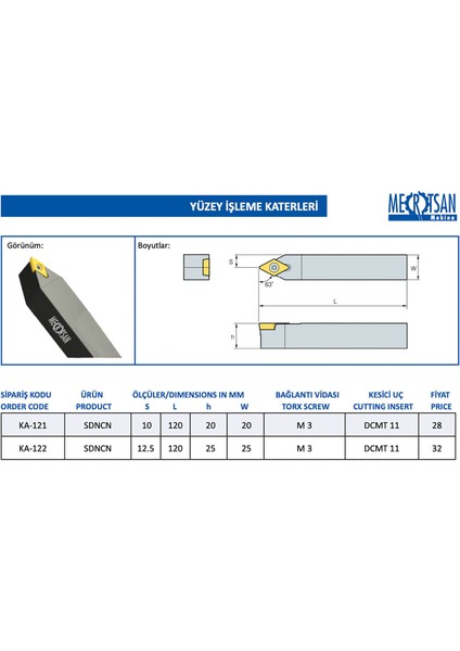 Yüzey Işleme Torna Kateri Sdncn - 20X20 Mm, 63° Derece, Dcmt 11 Kesici Uç Kullanır.