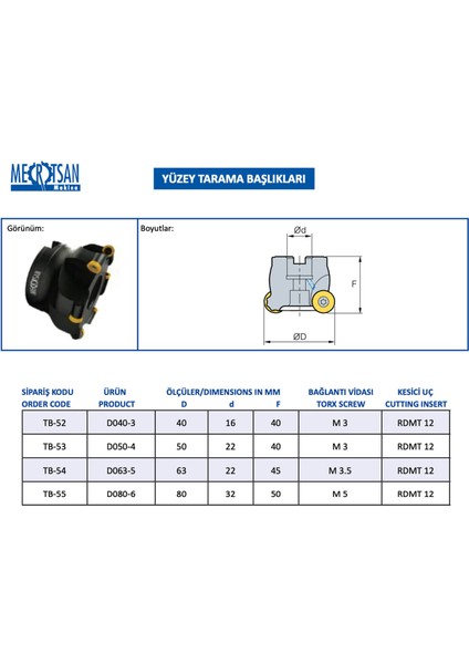 Yüzey Tarama Başlığı D040-3 - 40X40 mm Takım Ölçüsü, 3 Adet Rdmt 12 Kesici Uç Kullanır