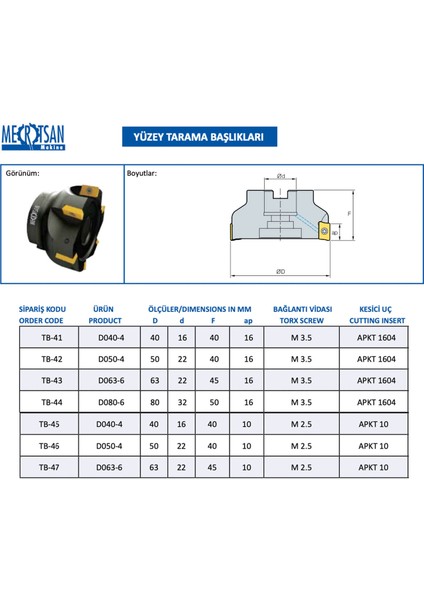 Yüzey Tarama Başlığı D040-4 - 40X40 mm Takım Ölçüsü, 4 Adet Apkt 10 Kesici Uç Kullanır