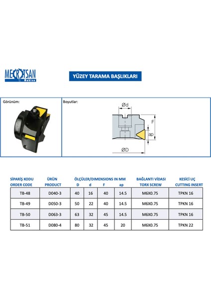 Yüzey Tarama Başlığı D063-3 - 63X45 mm Takım Ölçüsü, 3 Adet Tpkn 16 Kesici Uç Kullanır