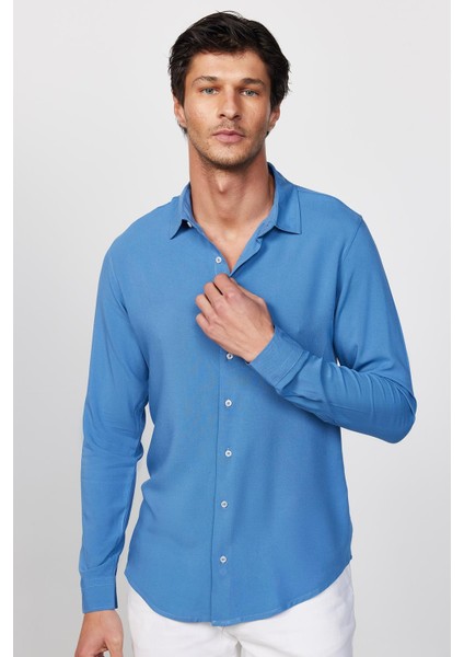 Slim Fit Dar Kesim Uzun Kol Dökümlü Viskon Şık Indigo Erkek Gömlek