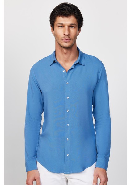 Slim Fit Dar Kesim Uzun Kol Dökümlü Viskon Şık Indigo Erkek Gömlek modelleri