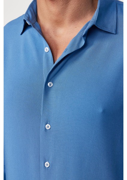 Slim Fit Dar Kesim Uzun Kol Dökümlü Viskon Şık Indigo Erkek Gömlek fırsatları