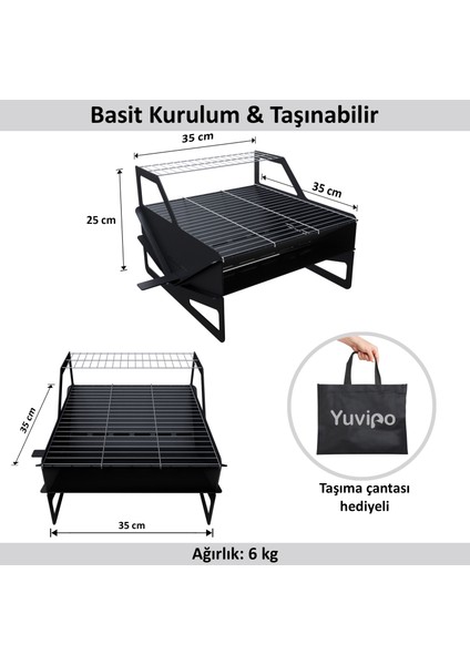 Katlanabilir Çelik Çanta Hediyeli Mangal Çift Katlı Şiş Bölmeli Portatif Sağlam Izgara