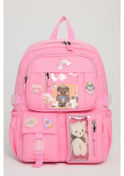Kawaii Kore Tarzı Okul Çantası Aksesuarlı Kız Çocuk ve Erkek Çocuk Sırt Çantası Açık Pembe