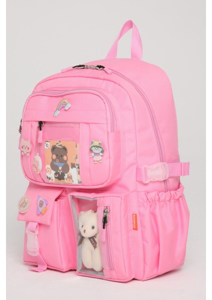 Kawaii Kore Tarzı Okul Çantası Aksesuarlı Kız Çocuk ve Erkek Çocuk Sırt Çantası Açık Pembe
