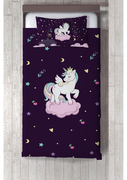 mor Unicorn Desenli Çocuk Odası Yatak Örtüsü TLAY-179