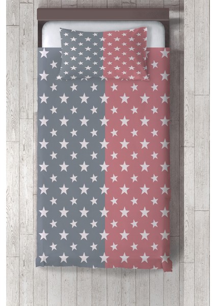 pembe Gri Yıldız Desen Çocuk Odası Yatak Örtüsü TLAY-123
