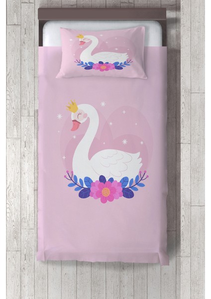 pembe Kuğu Desenli Çocuk ve Bebek Odası Yatak Örtüsü TLAY-224