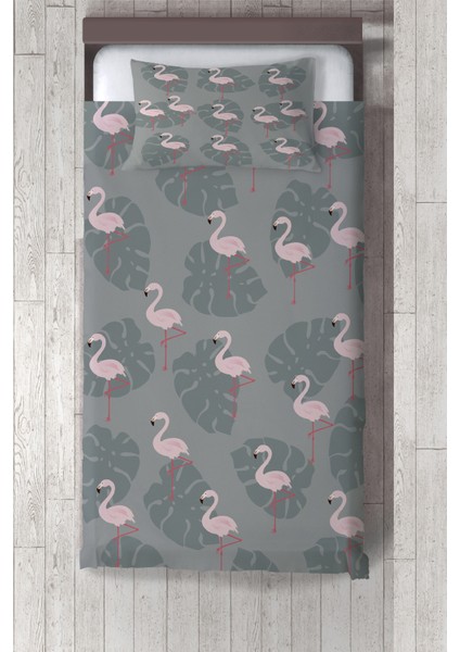 gri Flamingo Desenli Yatak Örtüsü TLAY-252
