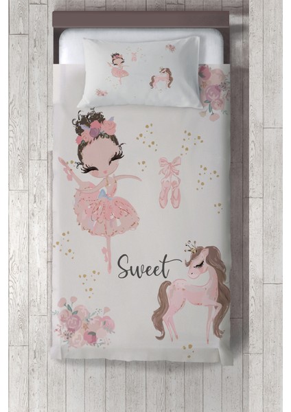 bej Balerin Kız ve Unicorn Desenli Yatak Örtüsü TLAY-258