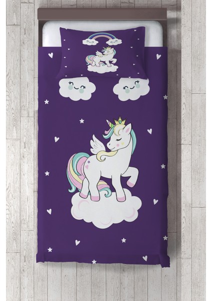 mor Sevimli Unicorn Desenli Yatak Örtüsü Tlay-72