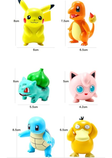 Pokemon Figür 6 Adet Takım (Pikachu, Charmander,squirtle,bulbasaur,psyduck,jigglypuff)