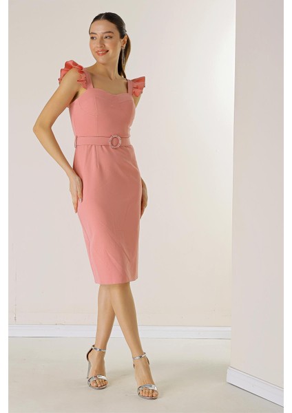 Askıları Fırfırlı Glop Detaylı Astarllı Beli Kemerli Krep Elbise