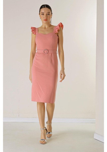 Askıları Fırfırlı Glop Detaylı Astarllı Beli Kemerli Krep Elbise modelleri