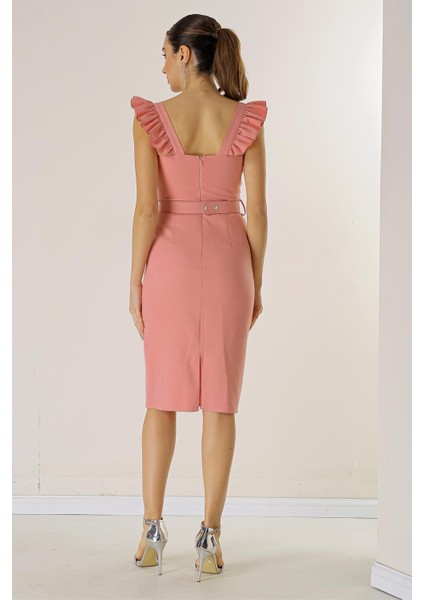 Askıları Fırfırlı Glop Detaylı Astarllı Beli Kemerli Krep Elbise fırsatları