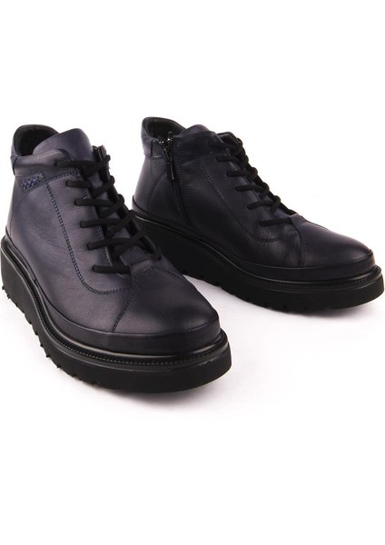 Deri Modern Rahat Tam Ortopedik Tarz Deri Bot Lacivert 3520