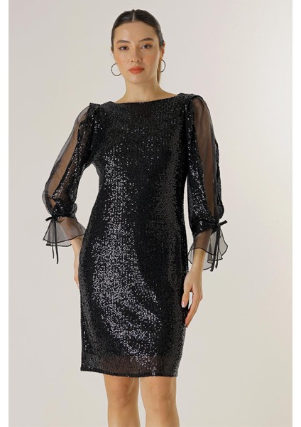 Kolları Yarım Organze Astarlı Pulpayet Geniş Beden Aaralıklı Elbise fiyatları