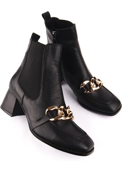 Rahat Deri Tokalı Modern Kısa Topuklu bot 4475 Siyah Deri