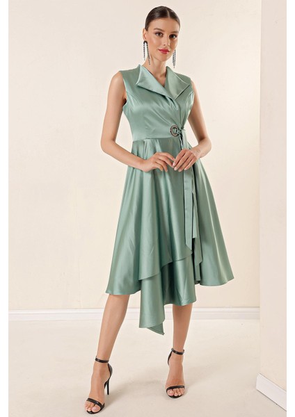 Kruvaze Yaka Bağcıklı Saten Elbise fiyatları