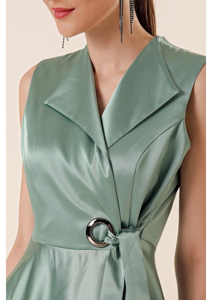 Kruvaze Yaka Bağcıklı Saten Elbise fırsatları