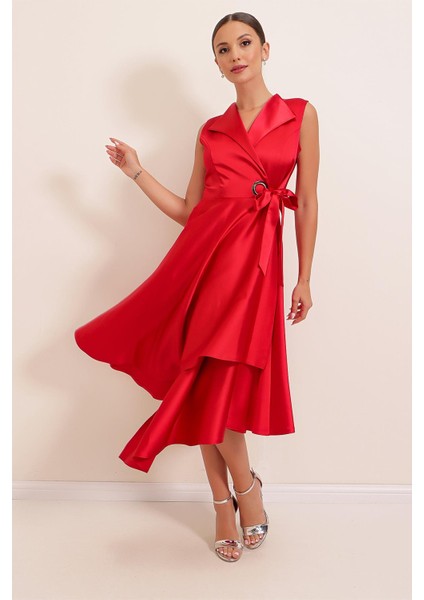 Kruvaze Yaka Bağcıklı Saten Elbise Kırmızı modelleri