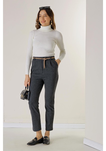 Bel Lastikli Kemerli Yandan Cepli Ekose Dar Paça Pantolon