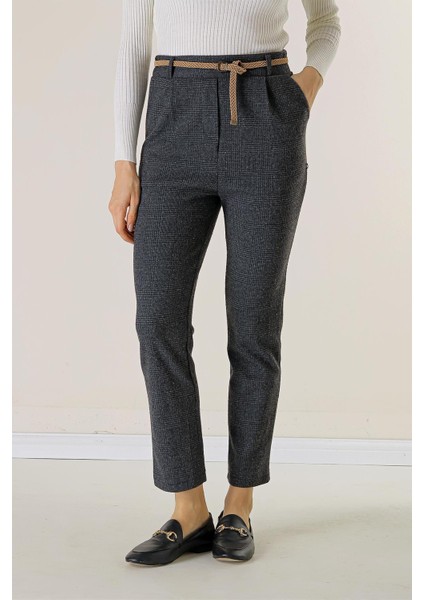 Bel Lastikli Kemerli Yandan Cepli Ekose Dar Paça Pantolon fiyatları