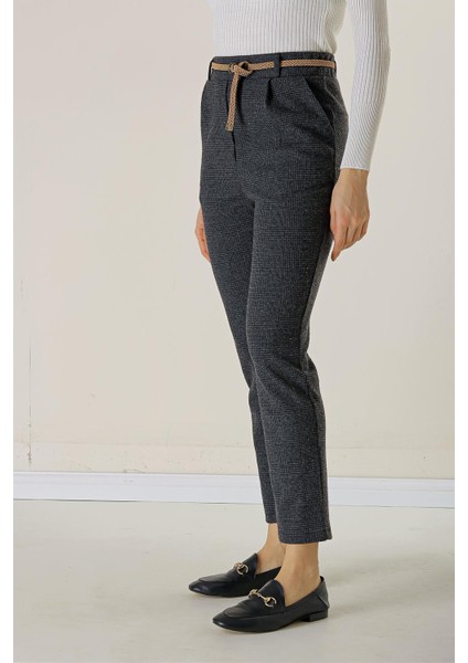 Bel Lastikli Kemerli Yandan Cepli Ekose Dar Paça Pantolon modelleri