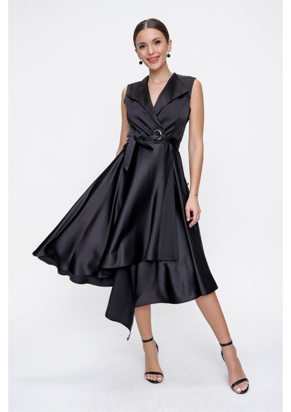 Kruvaze Yaka Bağcıklı Saten Elbise Siyah fiyatları